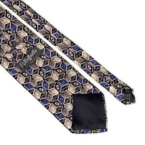 Raffaello 100% Silk Tie Mens Black Blue Classic Geometric Pointed Handmade Italy
